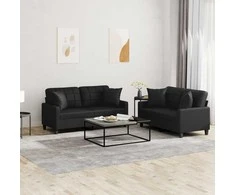 Sofa Sofos komplektas su pagalvėmis, 2 dalių, juodas, dirbtinė oda