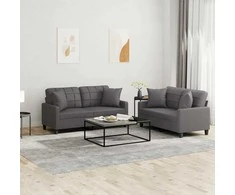Sofa Sofos komplektas su pagalvėmis, 2 dalių, pilkas, dirbtinė oda