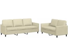 Sofa Sofos komplektas su pagalvėmis, 2 dalių, kreminis, dirbtinė oda