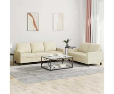 Sofa Sofos komplektas su pagalvėmis, 2 dalių, kreminis, dirbtinė oda
