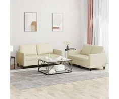 Sofa Sofos komplektas su pagalvėmis, 2 dalių, kreminis, dirbtinė oda