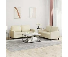 Sofa Sofos komplektas su pagalvėmis, 2 dalių, kreminis, dirbtinė oda