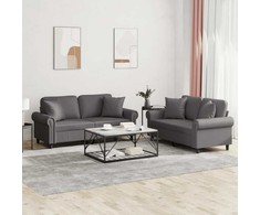 Sofa Sofos komplektas su pagalvėmis, 2 dalių, pilkas, dirbtinė oda