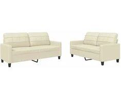 Sofa Sofos komplektas su pagalvėmis, 2 dalių, kreminis, dirbtinė oda