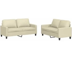 Sofa Sofos komplektas su pagalvėmis, 2 dalių, kreminis, dirbtinė oda