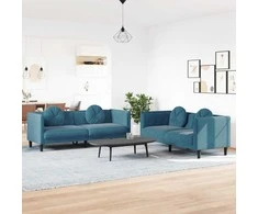 Sofa Sofos komplektas su pagalvėmis, 2 dalių, mėlynas, aksomas