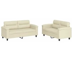 Sofa Sofos komplektas su pagalvėmis, 2 dalių, kreminis, dirbtinė oda