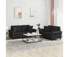 Sofa Sofos komplektas su pagalvėmis, 2 dalių, juodas, dirbtinė oda
