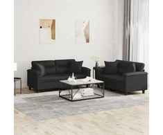 Sofa Sofos komplektas su pagalvėmis, 2 dalių, juodas, dirbtinė oda