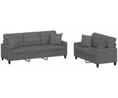 Sofa Sofos komplektas su pagalvėmis, 2 dalių, pilkas, dirbtinė oda