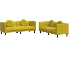 Sofa Sofos komplektas su pagalvėmis, 2 dalių, geltonas, aksomas