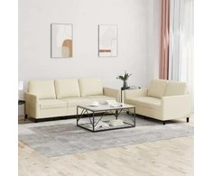 Sofa Sofos komplektas su pagalvėmis, 2 dalių, kreminis, dirbtinė oda