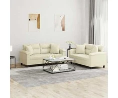 Sofa Sofos komplektas su pagalvėmis, 2 dalių, kreminis, dirbtinė oda