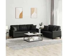 Sofa Sofos komplektas su pagalvėmis, 2 dalių, juodas, dirbtinė oda