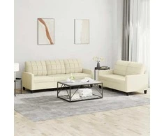 Sofa Sofos komplektas su pagalvėmis, 2 dalių, kreminis, dirbtinė oda