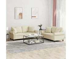 Sofa Sofos komplektas su pagalvėmis, 2 dalių, kreminis, dirbtinė oda