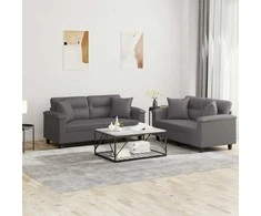 Sofa Sofos komplektas su pagalvėmis, 2 dalių, pilkas, dirbtinė oda