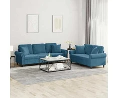 Sofa Sofos komplektas su pagalvėmis, 2 dalių, mėlynas, aksomas