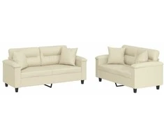 Sofa Sofos komplektas su pagalvėmis, 2 dalių, kreminis, dirbtinė oda