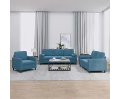 Sofa Sofos komplektas su pagalvėmis, 3 dalių, mėlynas, aksomas