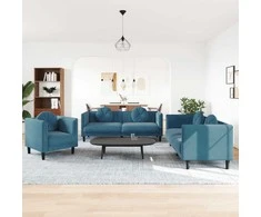 Sofa Sofos komplektas su pagalvėmis, 3 dalių, mėlynas, aksomas