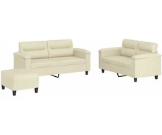 Sofa Sofos komplektas su pagalvėmis, 3 dalių, kreminis, dirbtinė oda