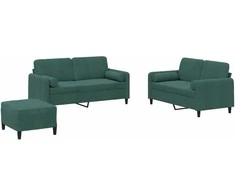 Sofa Sofos komplektas su pagalvėmis, 3 dalių, žalias, aksomas