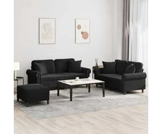Sofa Sofos komplektas su pagalvėmis, 3 dalių, juodas, aksomas