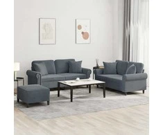 Sofa Sofos komplektas su pagalvėmis, 3 dalių, pilkas, aksomas