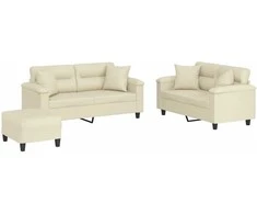 Sofa Sofos komplektas su pagalvėmis, 3 dalių, kreminis, dirbtinė oda