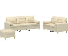 Sofa Sofos komplektas su pagalvėmis, 3 dalių, kreminis, audinys