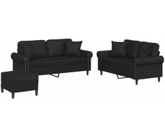 Sofa Sofos komplektas su pagalvėmis, 3 dalių, juodas, dirbtinė oda