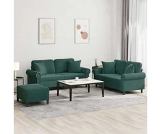 Sofa Sofos komplektas su pagalvėmis, 3 dalių, žalias, aksomas