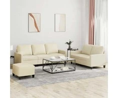 Sofa Sofos komplektas su pagalvėmis, 3 dalių, kreminis, dirbtinė oda