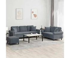 Sofa Sofos komplektas su pagalvėmis, 3 dalių, pilkas, aksomas