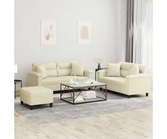 Sofa Sofos komplektas su pagalvėmis, 3 dalių, kreminis, dirbtinė oda