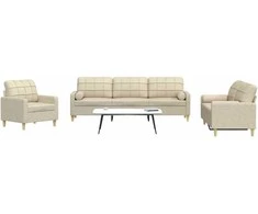 Sofa Sofos komplektas su pagalvėmis, 3 dalių, kreminis, audinys