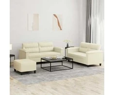 Sofa Sofos komplektas su pagalvėmis, 3 dalių, kreminis, dirbtinė oda