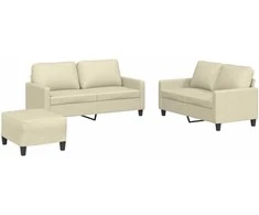Sofa Sofos komplektas su pagalvėmis, 3 dalių, kreminis, dirbtinė oda
