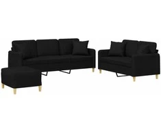 Sofa Sofos komplektas su pagalvėmis, 3 dalių, juodas, audinys
