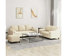 Sofa Sofos komplektas su pagalvėmis, 3 dalių, kreminis, audinys