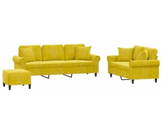 Sofa Sofos komplektas su pagalvėmis, 3 dalių, geltonas, aksomas