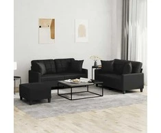 Sofa Sofos komplektas su pagalvėmis, 3 dalių, juodas, dirbtinė oda