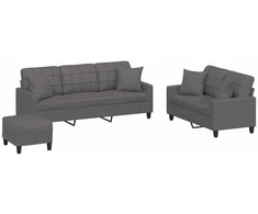 Sofa Sofos komplektas su pagalvėmis, 3 dalių, pilkas, dirbtinė oda