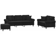 Sofa Sofos komplektas su pagalvėmis, 3 dalių, juodas, aksomas