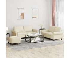 Sofa Sofos komplektas su pagalvėmis, 3 dalių, kreminis, dirbtinė oda