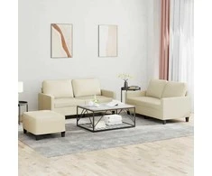 Sofa Sofos komplektas su pagalvėmis, 3 dalių, kreminis, dirbtinė oda