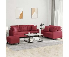 Sofa Sofos komplektas su pagalvėmis, 3 dalių, vyno, dirbtinė oda