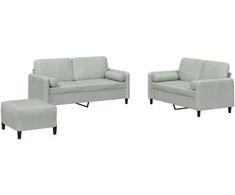 Sofa Sofos komplektas su pagalvėmis, 3 dalių, pilkas, aksomas