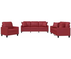 Sofa Sofos komplektas su pagalvėmis, 3 dalių, vyno, dirbtinė oda